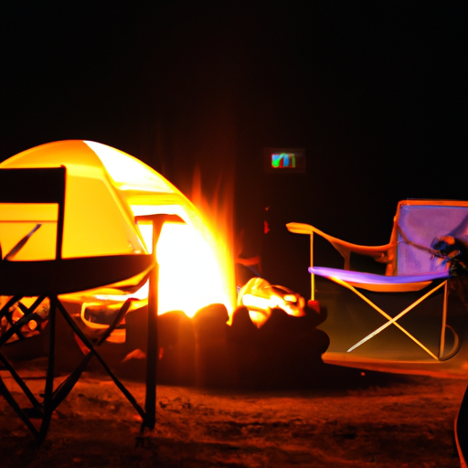 A campfire burning brightly in the night, surrounded by camping chairs and tents.