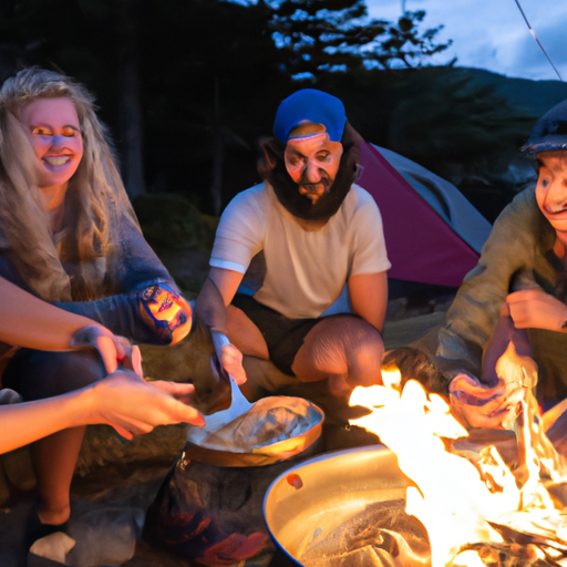 A group of friends cooking over a campfire and enjoying a meal