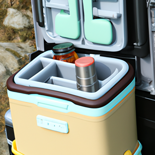 A well-packed cooler with food and beverages for a camping trip.