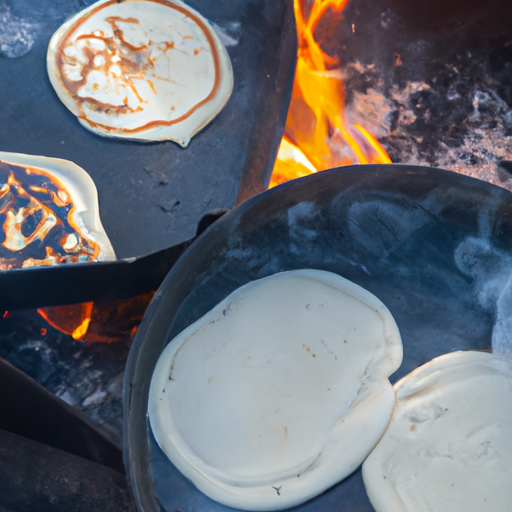 Campfire pancakes cooking over an open fire
