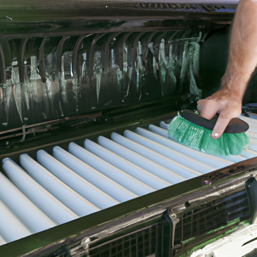 A person cleaning the interior of a high end cooler with a scrub brush.